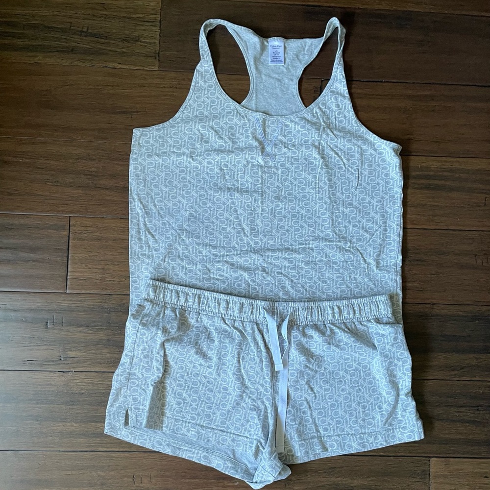 CALVIN KLEIN Womens Monogram Grey Tank and Short Sleepwear Loungewear Set Sz M